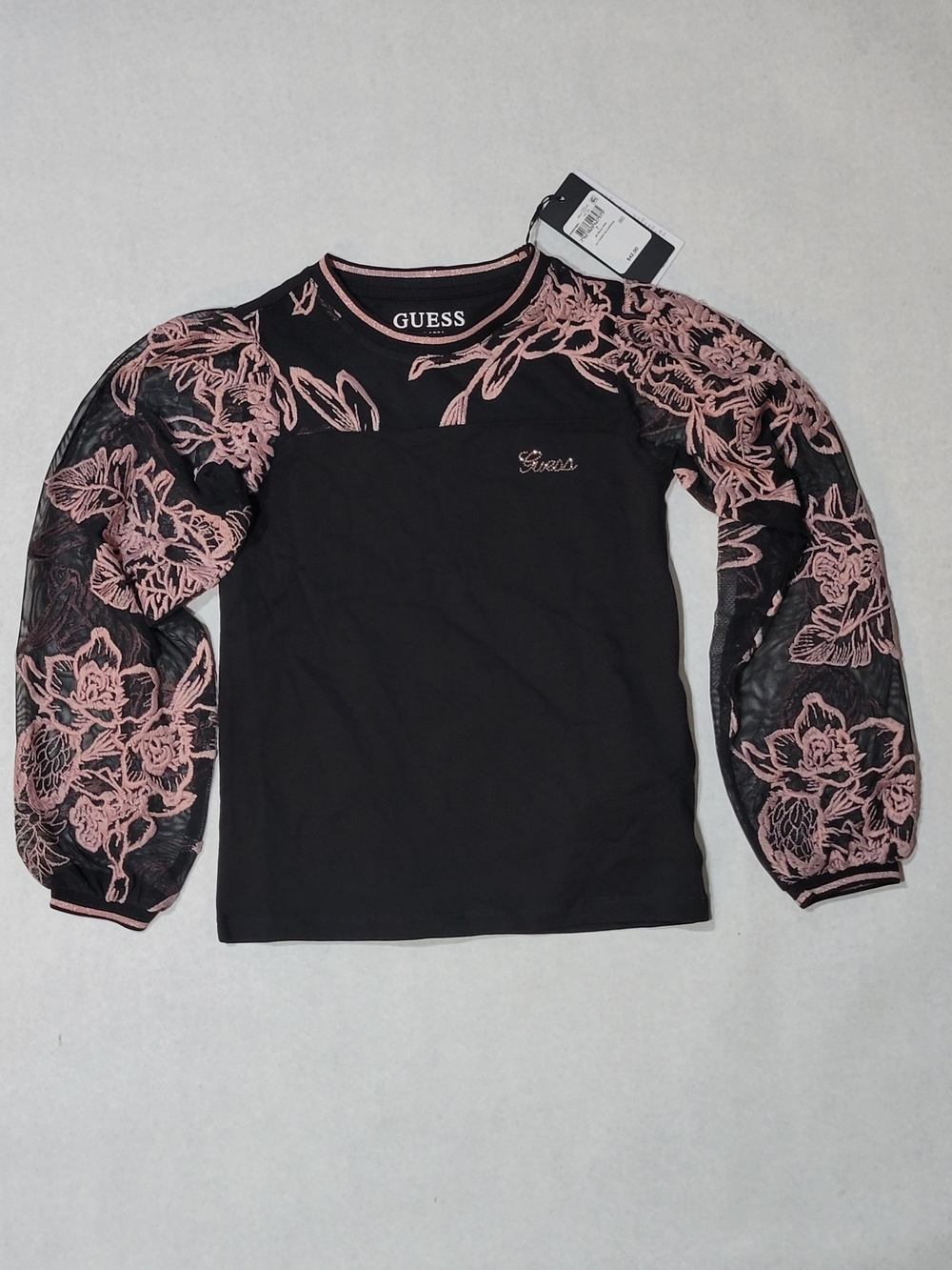 New Girl's GUESS Black And Pink Floral Embroidered Mesh Sleeves Shirt Top Size 7